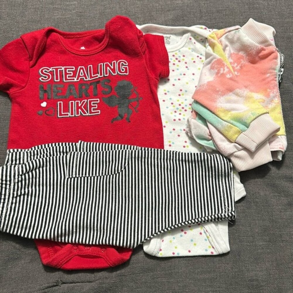 3-6M clothing bundle 2 onesies, 1 pant, 1 like coat.